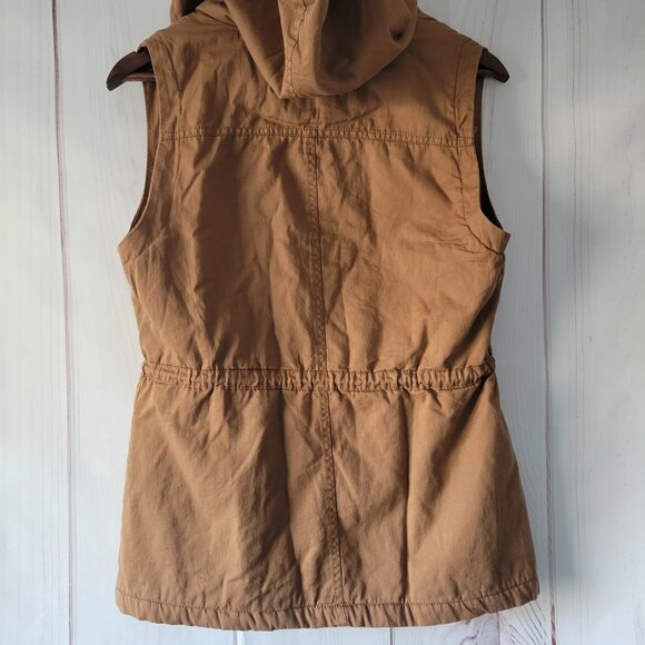 C’EST TOI Women’s S Hooded Khaki/Sherpa Lined Vest, Full Front Zip & Snap Close - Picture 4 of 9